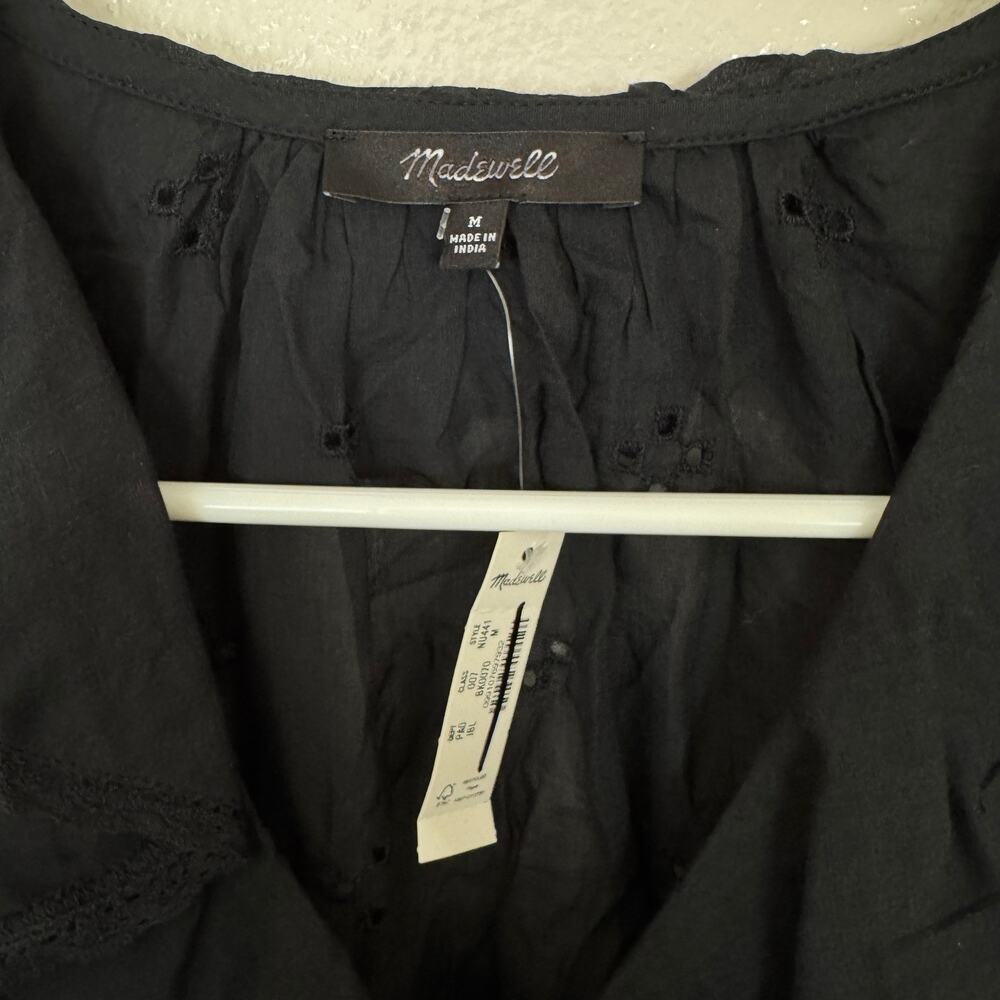 Madewell Ruffled Puff-Sleeve Top WMNS M Black Pintuck Lace-Trim V-Neck Button Up - Picture 5 of 9